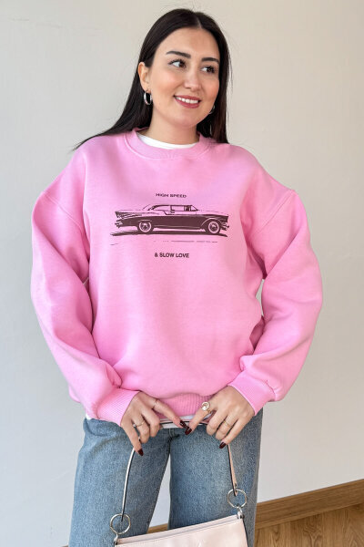 SWT-1894 Pembe Baskılı Şardonlu Üç İplik Kompakt Penye Kumaş Sweatshirt - 2