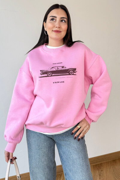 SWT-1894 Pembe Baskılı Şardonlu Üç İplik Kompakt Penye Kumaş Sweatshirt - 3