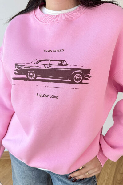 SWT-1894 Pembe Baskılı Şardonlu Üç İplik Kompakt Penye Kumaş Sweatshirt - 4