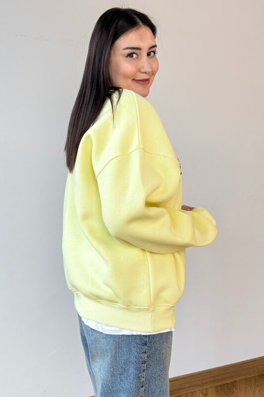 SWT-1894 Sarı Baskılı Şardonlu Üç İplik Kompakt Penye Kumaş Sweatshirt - 2