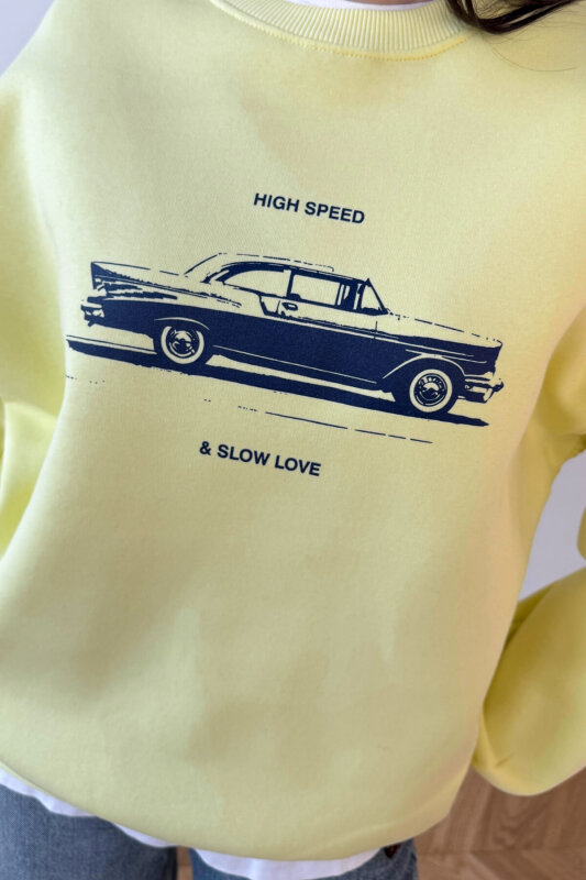 SWT-1894 Sarı Baskılı Şardonlu Üç İplik Kompakt Penye Kumaş Sweatshirt - 3