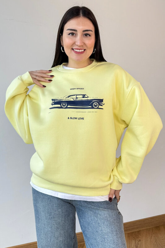 SWT-1894 Sarı Baskılı Şardonlu Üç İplik Kompakt Penye Kumaş Sweatshirt - 4