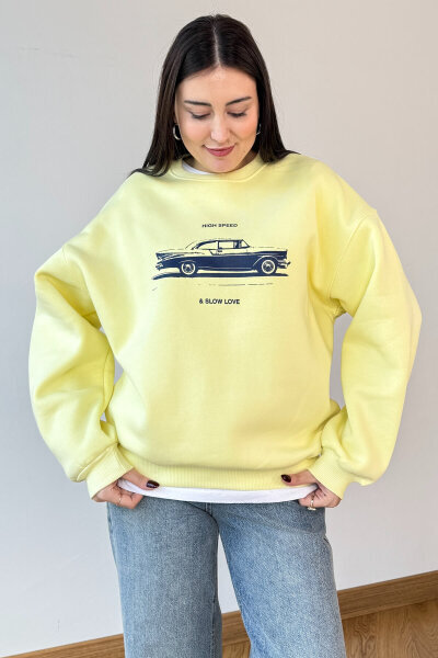 SWT-1894 Sarı Baskılı Şardonlu Üç İplik Kompakt Penye Kumaş Sweatshirt - 1