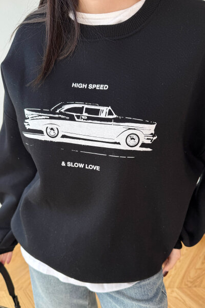 SWT-1894 Siyah Baskılı Şardonlu Üç İplik Kompakt Penye Kumaş Sweatshirt - 2