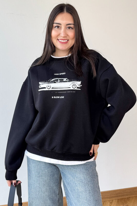 SWT-1894 Siyah Baskılı Şardonlu Üç İplik Kompakt Penye Kumaş Sweatshirt - 3