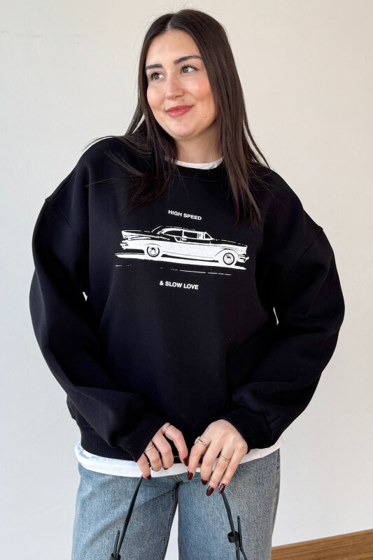 SWT-1894 Siyah Baskılı Şardonlu Üç İplik Kompakt Penye Kumaş Sweatshirt - 1