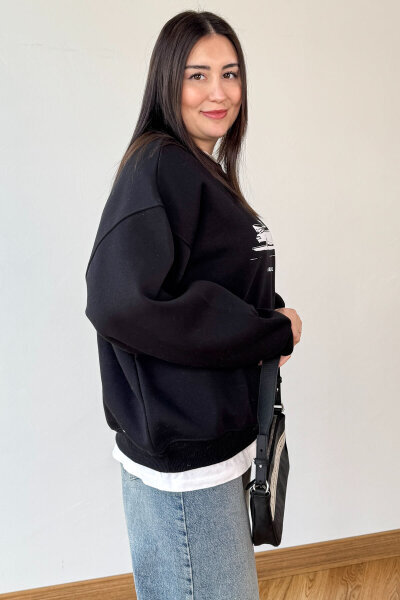 SWT-1894 Siyah Baskılı Şardonlu Üç İplik Kompakt Penye Kumaş Sweatshirt - 4