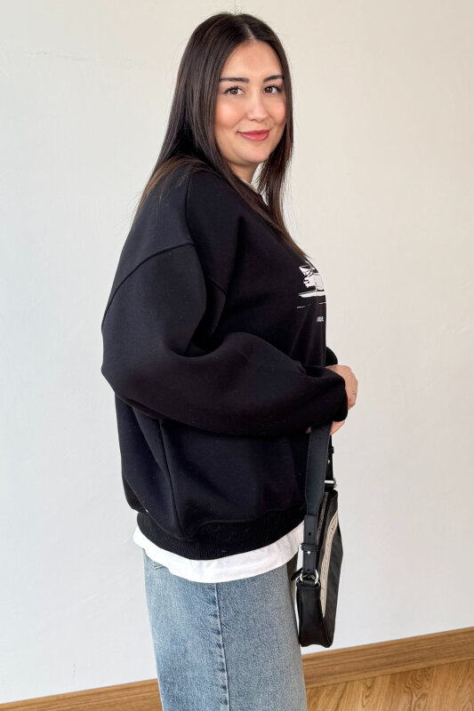 SWT-1894 Siyah Baskılı Şardonlu Üç İplik Kompakt Penye Kumaş Sweatshirt - 4