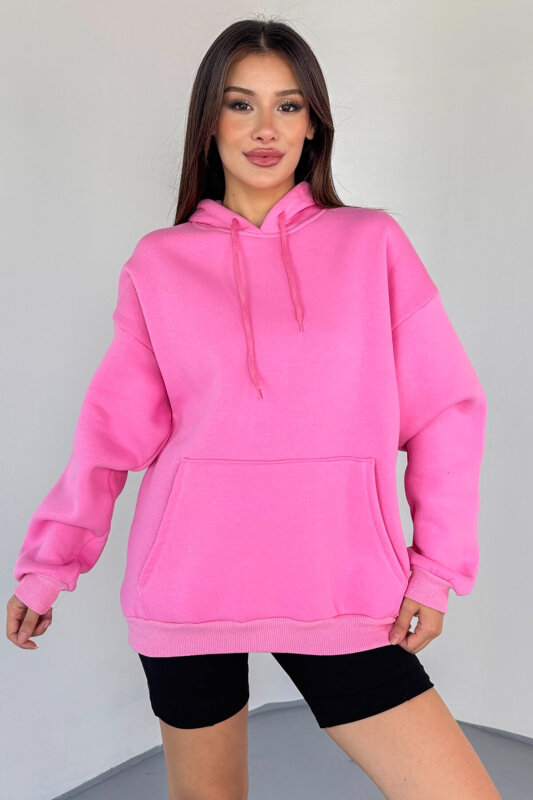SWT-197 Pembe Kapüşonlu Kanguru Cepli Basic Sweat - 5