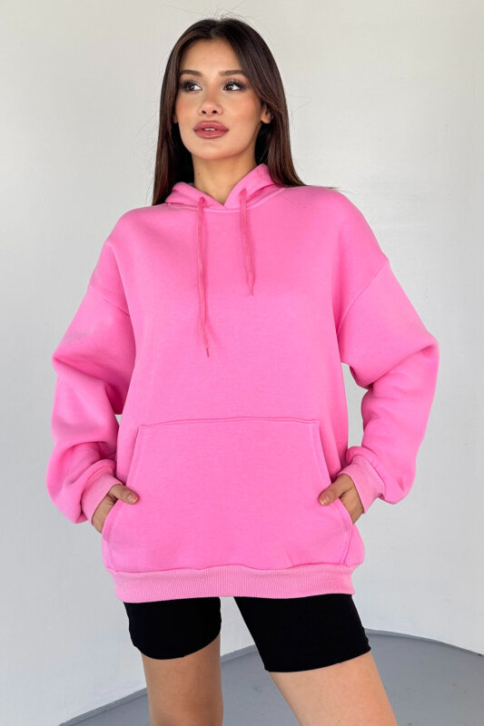 SWT-197 Pembe Kapüşonlu Kanguru Cepli Basic Sweat - 6