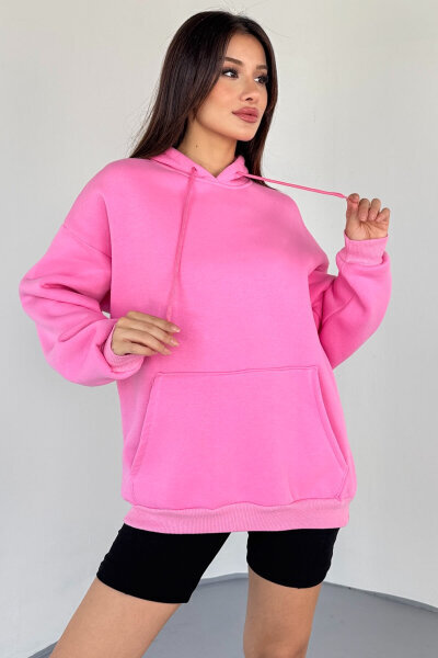 SWT-197 Pembe Kapüşonlu Kanguru Cepli Basic Sweat - Cappmoda