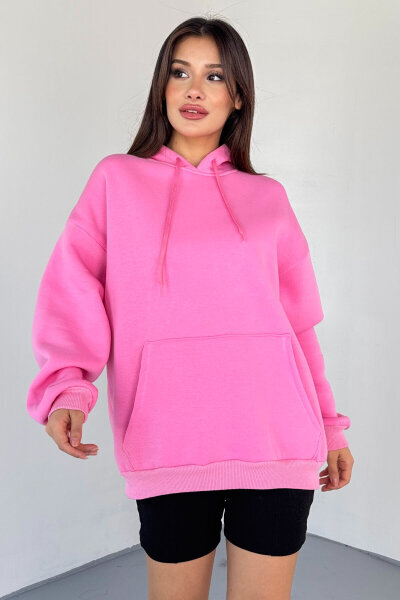 SWT-197 Pembe Kapüşonlu Kanguru Cepli Basic Sweat - 7