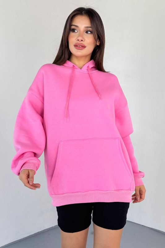 SWT-197 Pembe Kapüşonlu Kanguru Cepli Basic Sweat - 7