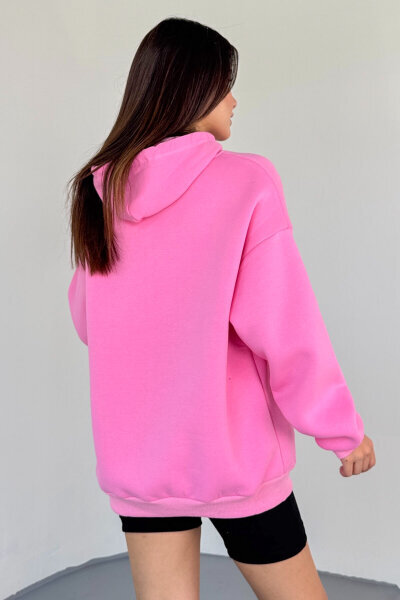 SWT-197 Pembe Kapüşonlu Kanguru Cepli Basic Sweat - 4
