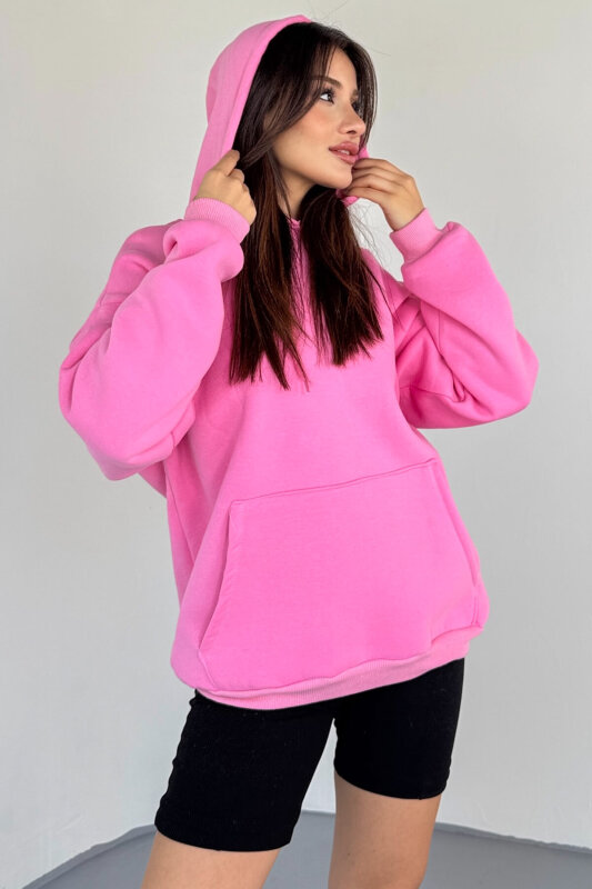 SWT-197 Pembe Kapüşonlu Kanguru Cepli Basic Sweat - 2