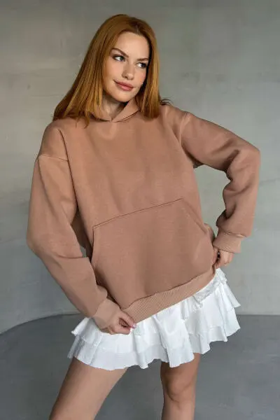 SWT-20311 Vizon Kapüşonlu Üç İplik Şardonlu Kumaş Sweatshirt - Cappmoda