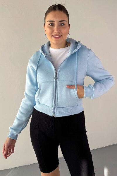 SWT-212 Bebe Mavi Kapüşonlu Fermuarlı Cep Detaylı Cropped Sweat 