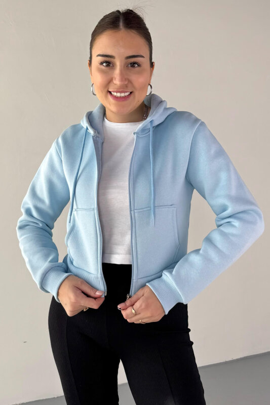 SWT-212 Bebe Mavi Kapüşonlu Fermuarlı Cep Detaylı Cropped Sweat - 2