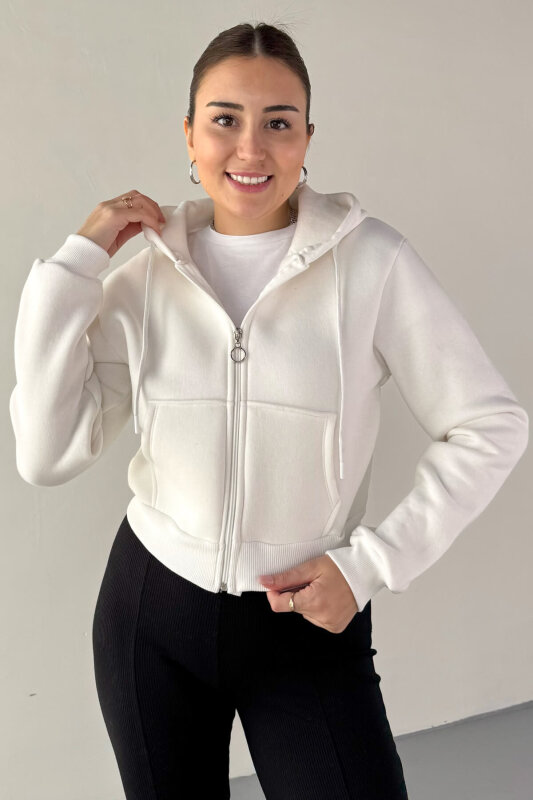 SWT-212 Beyaz Kapüşonlu Fermuarlı Cep Detaylı Cropped Sweat - 2