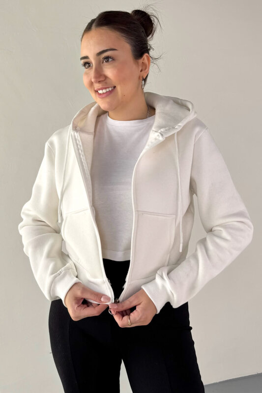 SWT-212 Beyaz Kapüşonlu Fermuarlı Cep Detaylı Cropped Sweat - 1