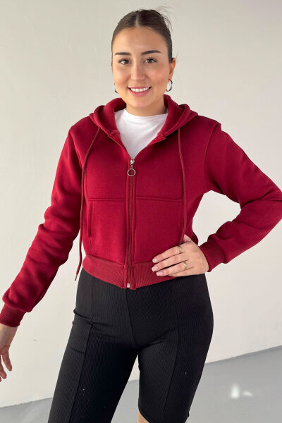 SWT-212 Bordo Kapüşonlu Fermuarlı Cep Detaylı Cropped Sweat - Cappmoda