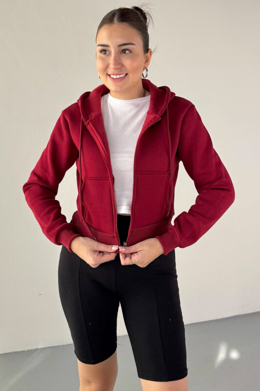 SWT-212 Bordo Kapüşonlu Fermuarlı Cep Detaylı Cropped Sweat - 2