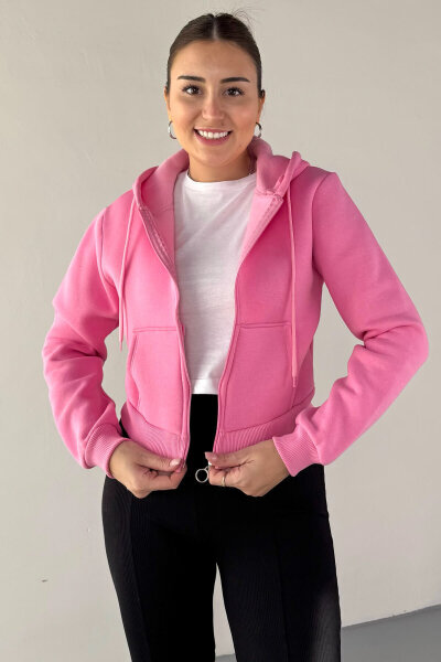 SWT-212 Pembe Kapüşonlu Fermuarlı Cep Detaylı Cropped Sweat 