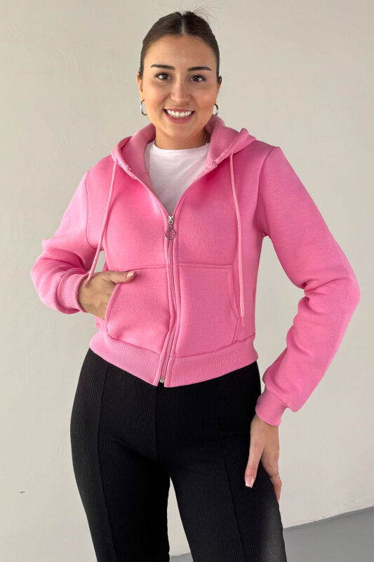 SWT-212 Pembe Kapüşonlu Fermuarlı Cep Detaylı Cropped Sweat - 3