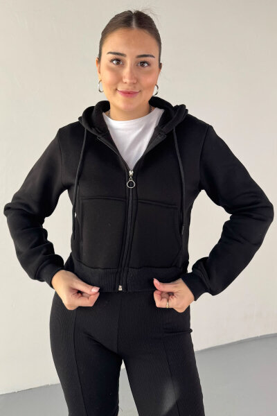 SWT-212 Siyah Kapüşonlu Fermuarlı Cep Detaylı Cropped Sweat - Cappmoda