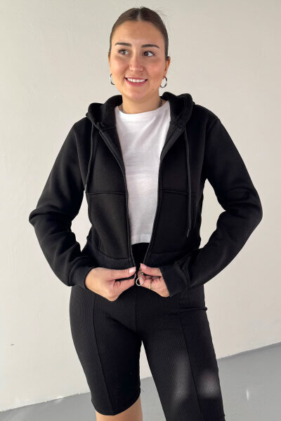 SWT-212 Siyah Kapüşonlu Fermuarlı Cep Detaylı Cropped Sweat - Cappmoda (1)