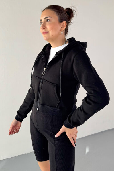 SWT-212 Siyah Kapüşonlu Fermuarlı Cep Detaylı Cropped Sweat - 3