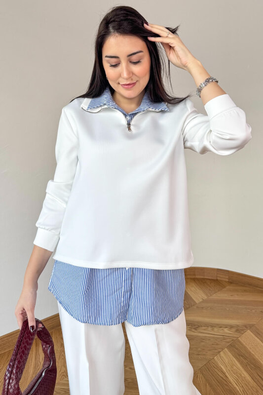 SWT-2172 Beyaz Kendinden Gömlek Detaylı Fermuarlı Sweat - 1