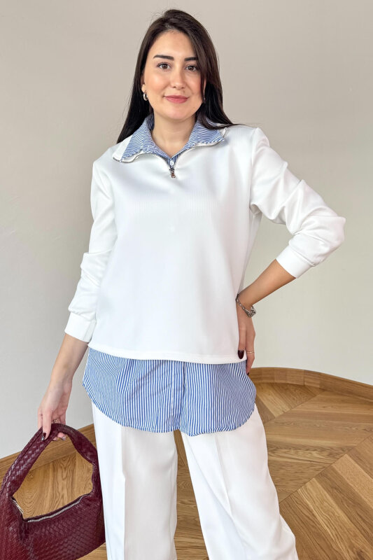 SWT-2172 Beyaz Kendinden Gömlek Detaylı Fermuarlı Sweat - 2