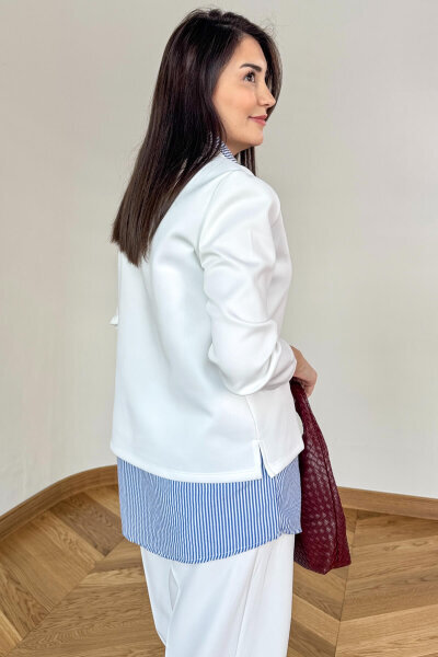 SWT-2172 Beyaz Kendinden Gömlek Detaylı Fermuarlı Sweat - 4