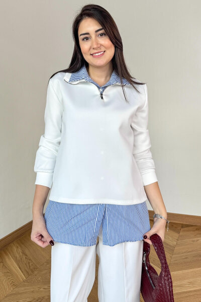 SWT-2172 Beyaz Kendinden Gömlek Detaylı Fermuarlı Sweat - 5