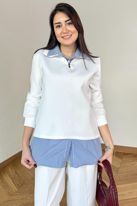 SWT-2172 Beyaz Kendinden Gömlek Detaylı Fermuarlı Sweat - 5