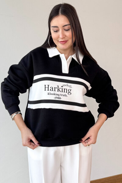 SWT-219 Siyah Baskılı Polo Yaka Üç İplik Şardonlu Sweatshirt - 1