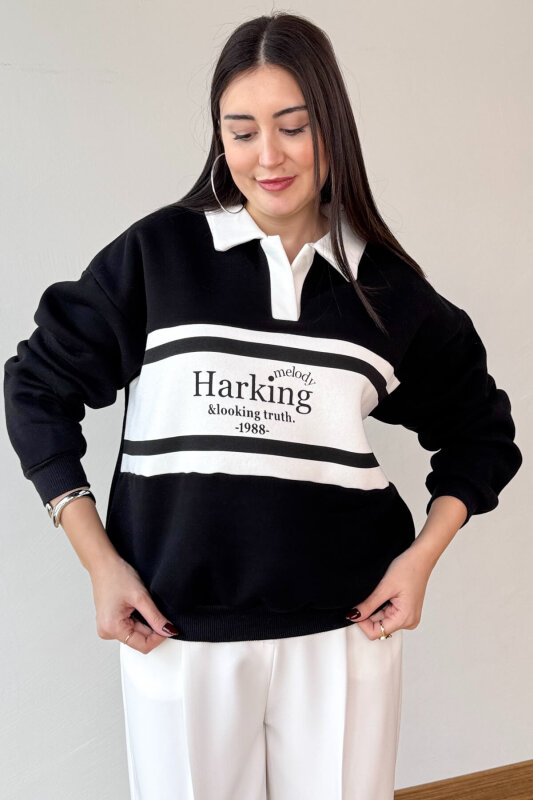 SWT-219 Siyah Baskılı Polo Yaka Üç İplik Şardonlu Sweatshirt - 1