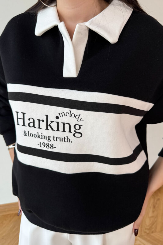 SWT-219 Siyah Baskılı Polo Yaka Üç İplik Şardonlu Sweatshirt - 2