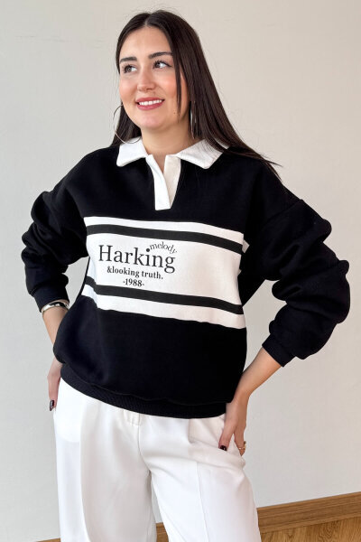 SWT-219 Siyah Baskılı Polo Yaka Üç İplik Şardonlu Sweatshirt - 3