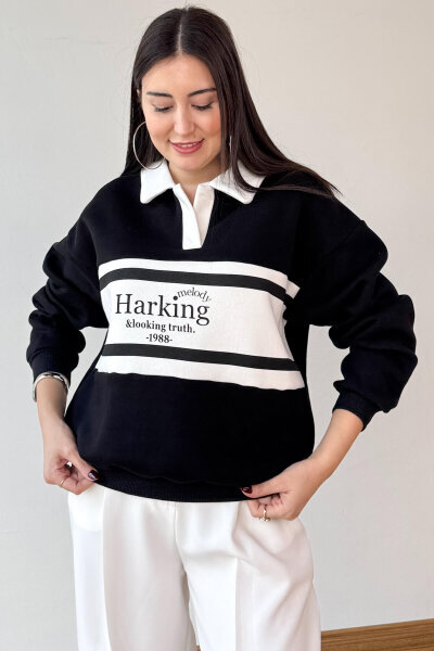 SWT-219 Siyah Baskılı Polo Yaka Üç İplik Şardonlu Sweatshirt - 4