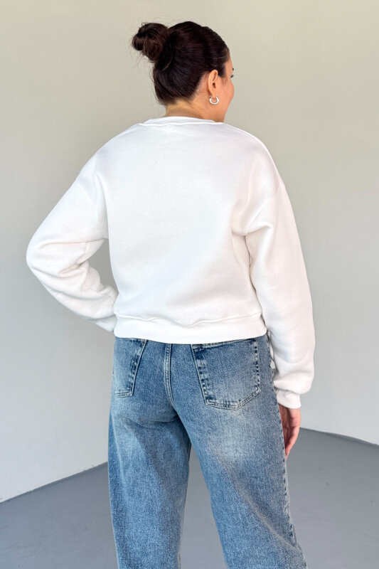 SWT-226 Beyaz Basic Bisiklet Yaka Sweatshirt - 3