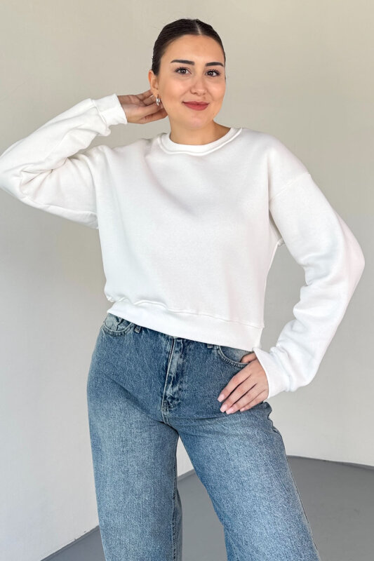 SWT-226 Beyaz Basic Bisiklet Yaka Sweatshirt - 2