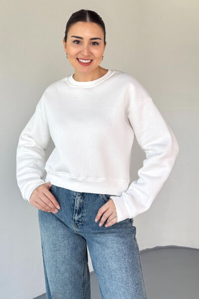 SWT-226 Beyaz Basic Bisiklet Yaka Sweatshirt
