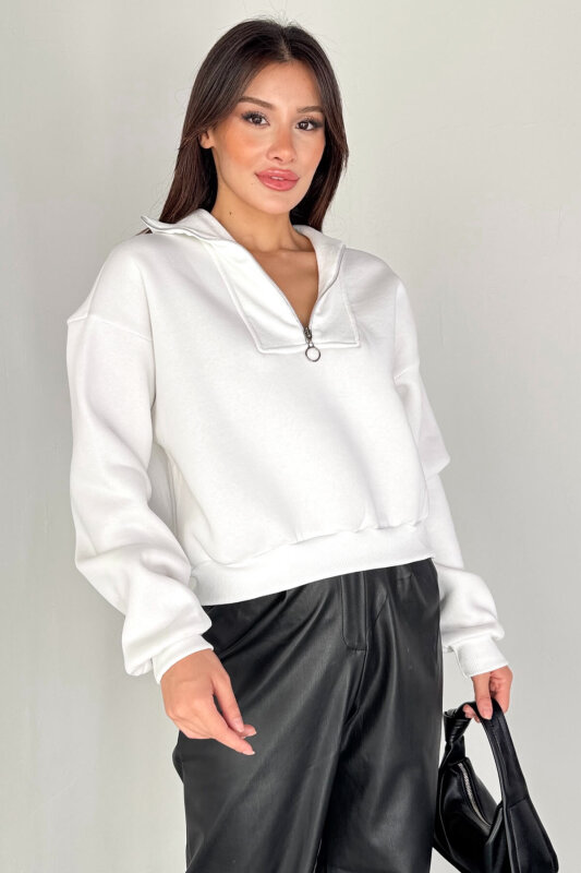 SWT-227 Beyaz Fermuar Detaylı Yarım Boğaz Cropped Sweatshirt - 4