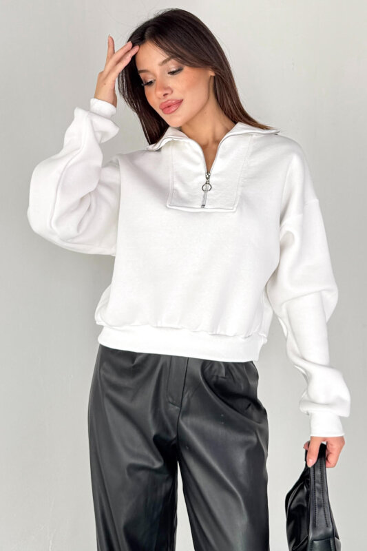 SWT-227 Beyaz Fermuar Detaylı Yarım Boğaz Cropped Sweatshirt - 1