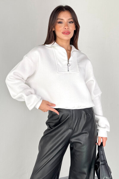 SWT-227 Beyaz Fermuar Detaylı Yarım Boğaz Cropped Sweatshirt - 5