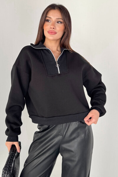 SWT-227 Siyah Fermuar Detaylı Yarım Boğaz Cropped Sweatshirt