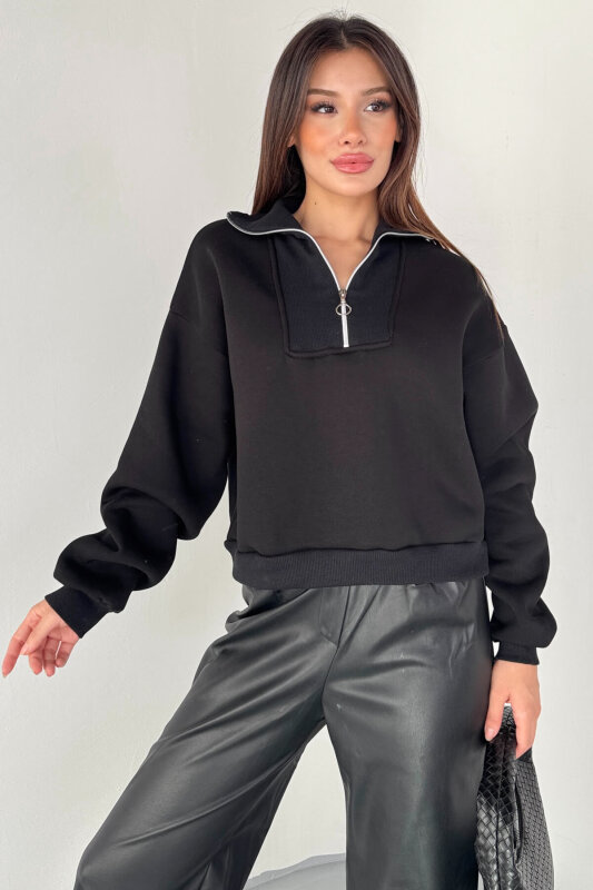 SWT-227 Siyah Fermuar Detaylı Yarım Boğaz Cropped Sweatshirt - 4