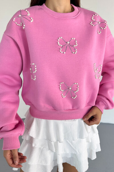 SWT-230 Pembe Taş İşlemeli Fiyonk Desenli Sweatshirt - 3